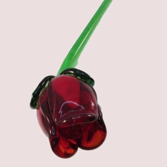 Hand Blown Long Stem Red Rose Bud Glass Flower - Picture 6 of 14